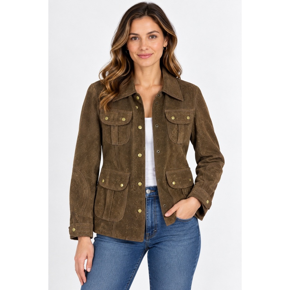 Lucky Brand Brown Suede Leather Safari Utility Jacket Womens L 4-Pocket Y2K